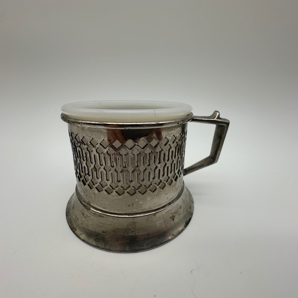 Vintage Shaving Cream Cup Silver Tone Metal Holder Milk Glass Insert Patina